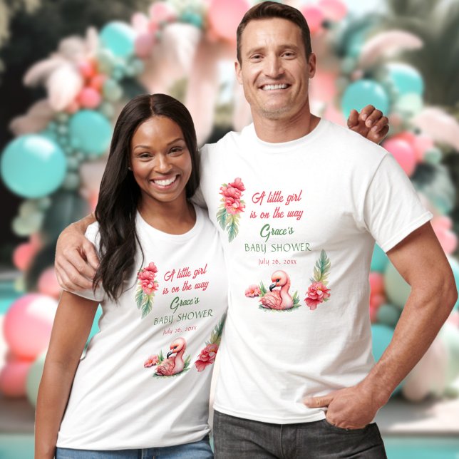 Camiseta Chá de fraldas de Flamingo, Rosa Tropical de Verão (Tropical Summer Pink Flamingo Girl Baby Shower T-Shirt)