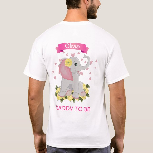 Camiseta Chá de fraldas "Pai a ser" de elefante rosa e Cinz (Verso)
