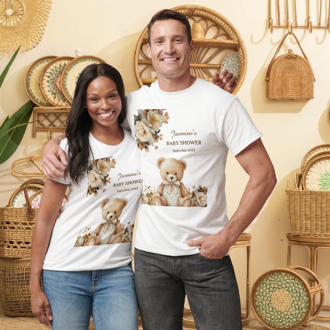 Camiseta Chá de fraldas Rustic Florals Teddy Bear (Criador carregado)