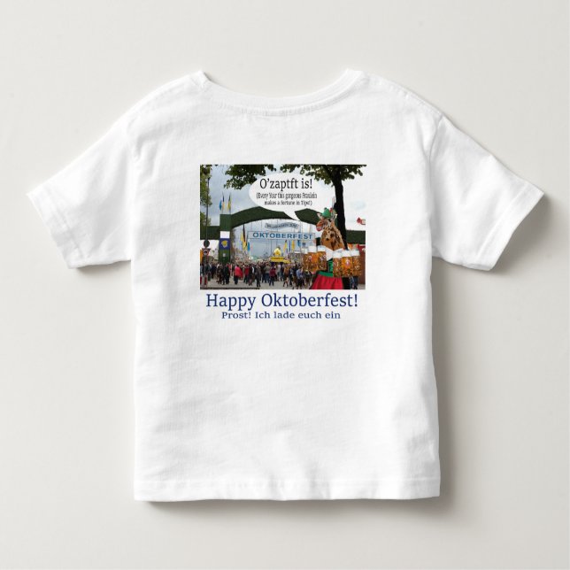 Camiseta chá infantil. Feliz Oktoberfest! Girafa/menina! (Verso)