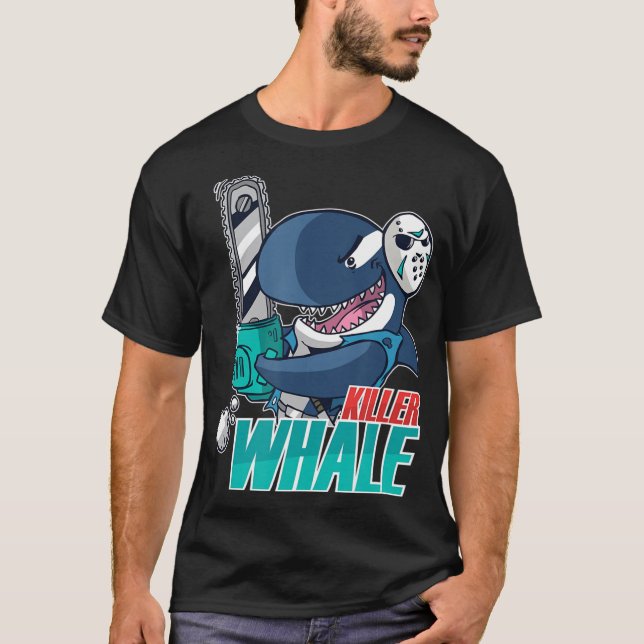 Camiseta Chainsaw Killer Whale Diversão Orca Halloween (Frente)