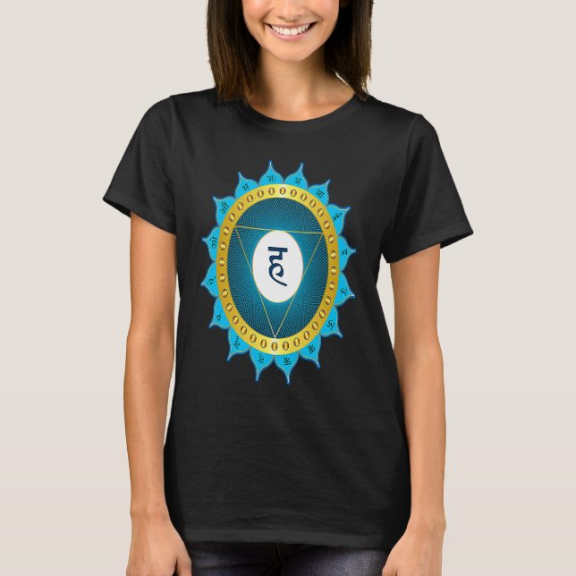 Camiseta Chakra da Garganta com Símbolos e Mantras de Yoga (Frente)