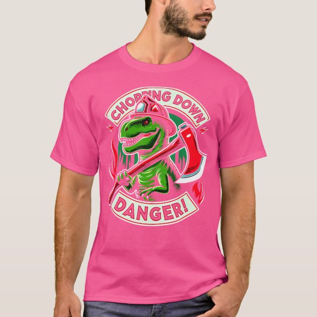 Camiseta Chamas de Combate ao Bombeiro Dinossauro T Rex (Frente)