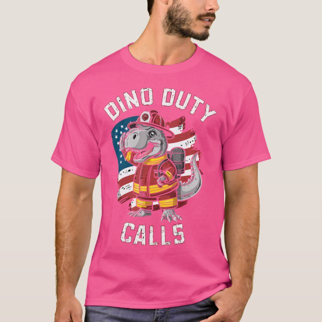 Camiseta Chamas de Combate ao Bombeiro Dinossauro T Rex (Frente)
