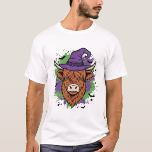 Camiseta Chapéu de Bruxa Cow Highland Halloween Vetor Vinta