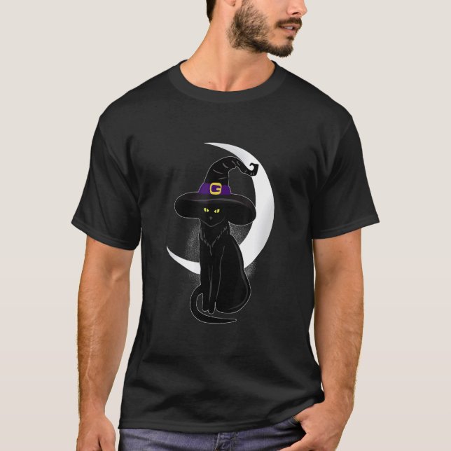 Camiseta Chapéu de Bruxa da Lua de Gato Preto de Halloween  (Frente)
