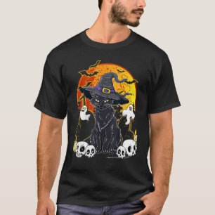 Camiseta Chapéu de Bruxa de Gato Preto Assustador Vintage d