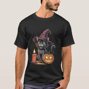 Camiseta Chapéu de Bruxa de Gato Preto Fofo Design de Hallo
