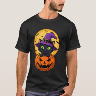 Camiseta Chapéu de Bruxa de Gato Preto Fofo em Abóbora Mulh