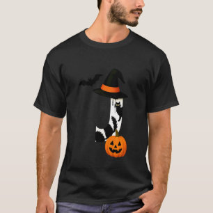 Camiseta Chapéu de Bruxa de Halloween Gato Preto Abóbora Mo