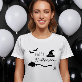 Camiseta Chapéu De Bruxa E Vassoura Com Aranha E Morcegos H