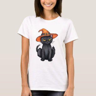 Camiseta Chapéu de bruxa vestindo gato preto assustador