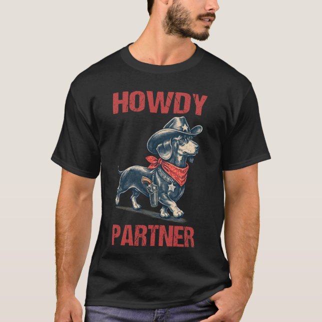 Camiseta Chapéu de Cowboy Dachshund Howdy Parceiro Ocidenta (Frente)