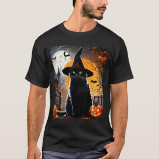 Camiseta Chapéu de Gato Preto de Halloween Gato Assustador 