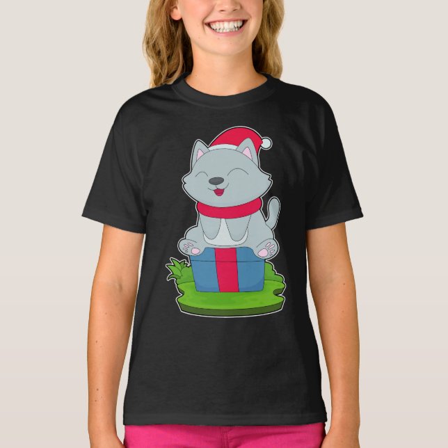 Camiseta Chapéu de Natal de gato (Frente)
