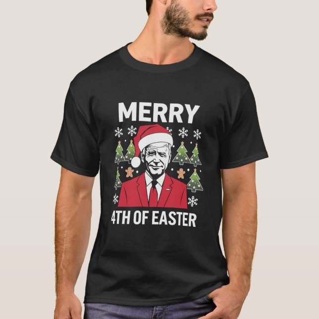 Camiseta Chapéu de Natal de Joe Biden Merry 4 de Páscoa  (Frente)