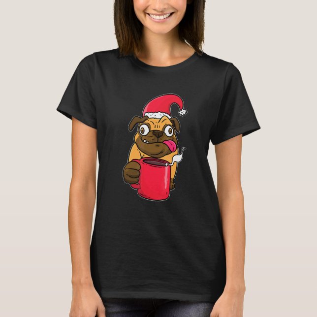 Camiseta Chapéu de Natal de Pug Louco Café com Vinho Mulled (Frente)