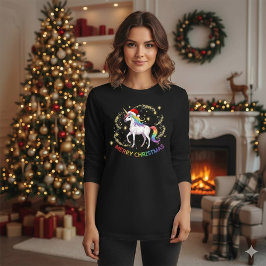 Camiseta Chapéu de Papai Noel de Unicórnio Arco-Íris de Nat