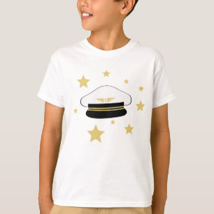 Camiseta Chapéu piloto branco, estrelas douradas, aviador d