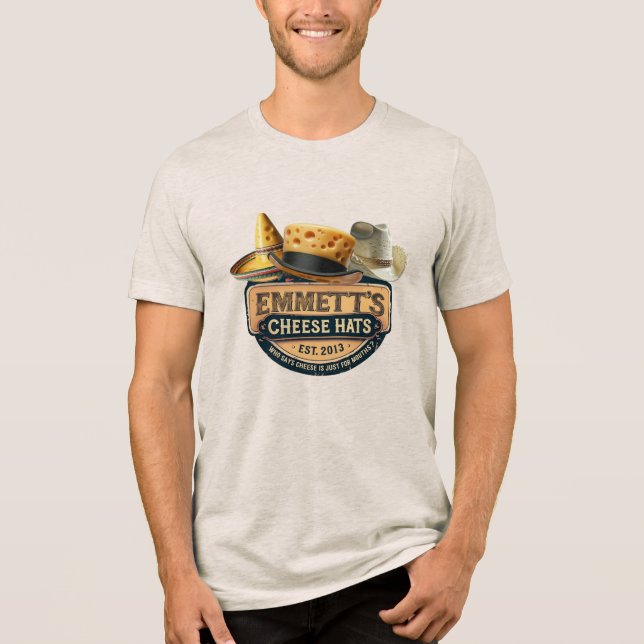 Camiseta Chapéus de Queijo do Emmett (Logotipo Falso) (Frente)