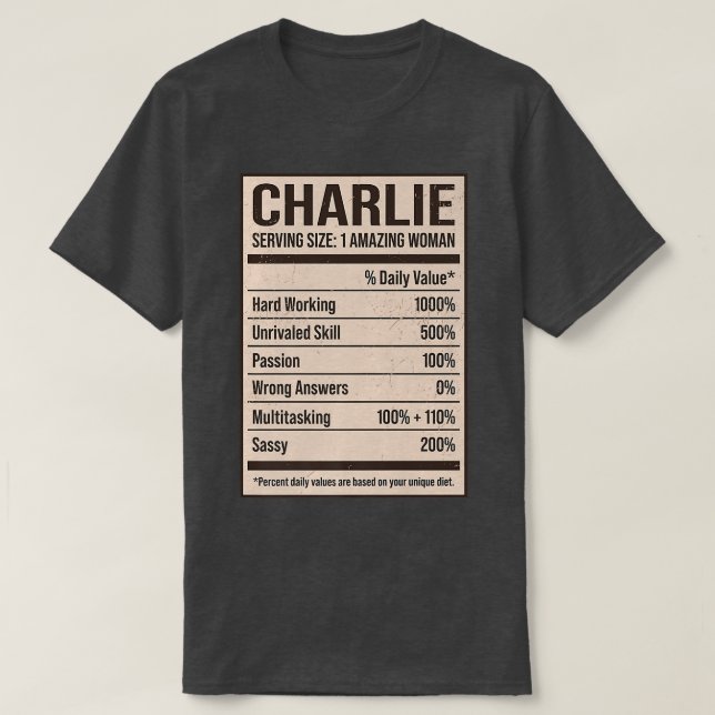 Camiseta Charlie Nutrition Facts Name Nickname Alias Title  (Frente do Design)