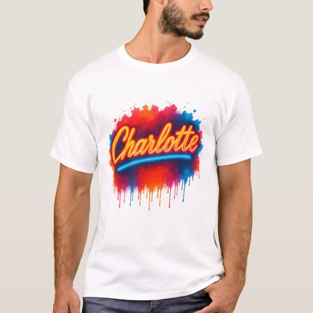 Camiseta Charlotte Neon Script - Design de abertura de arte (Frente)