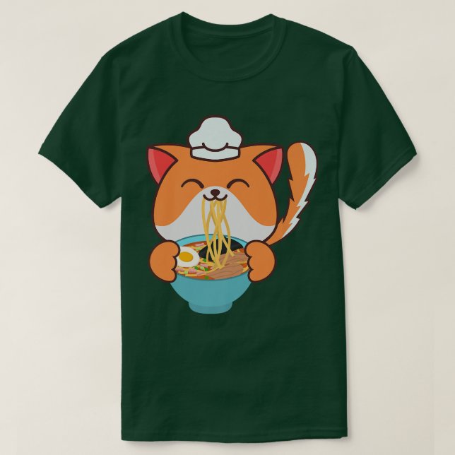 Camiseta Charming Gourmet Chef Cat Teating Ramen Com Ch (Frente do Design)