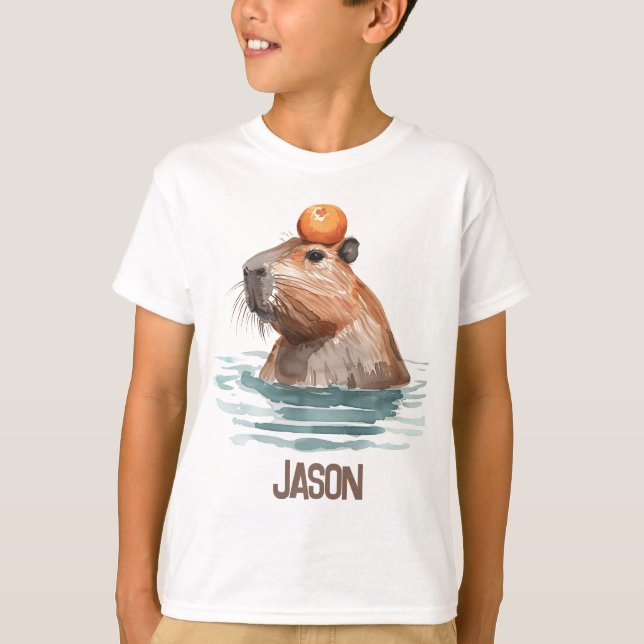Camiseta Charmoso Capybara com laranja e nome infantil (Frente)