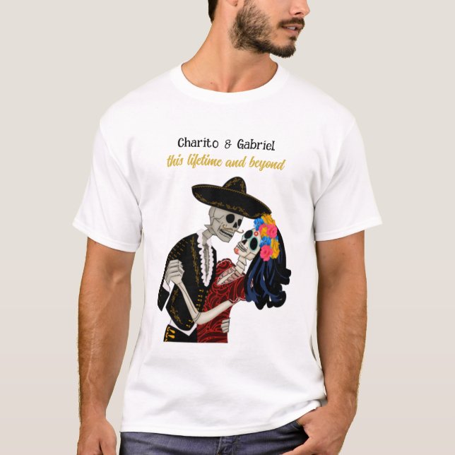 Camiseta Charro e Catrina Caçucar Crânios Dançando Luz (Frente)