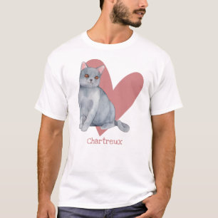 Camiseta Chartreux Cat Watercolor Gatinho Coração Rosa