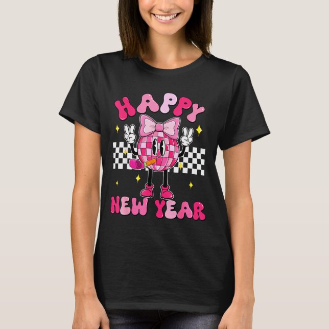 Camiseta Checkered Happy New Year 2026 Disco Ball New Year  (Frente)
