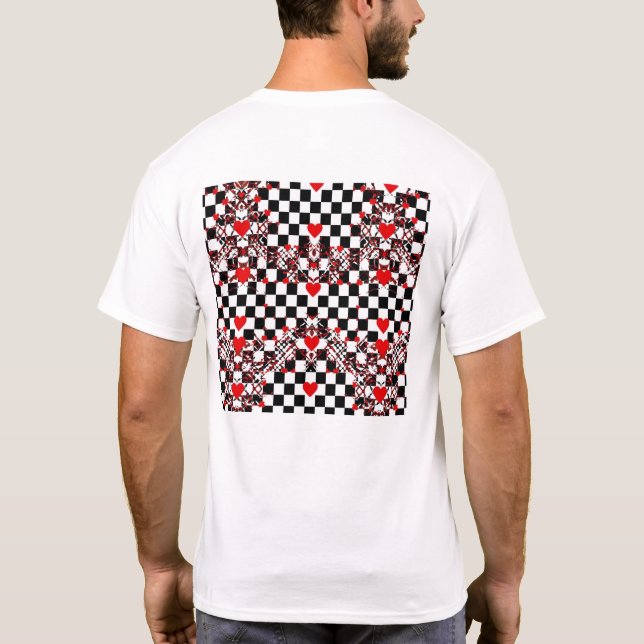 Camiseta Checkered Pattern With Red Hearts & Shapes (Verso)