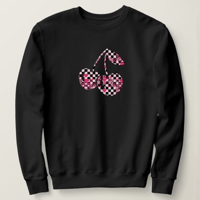 Camiseta Checkers & Pink Hearts Patterned Cherries (Frente do Design)