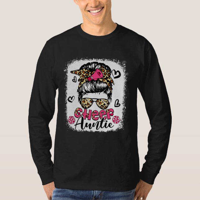 Camiseta Cheer Auntie Leopard Cute Messy Bun Hair Cheerlead (Frente)