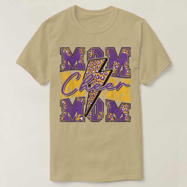 Camiseta Cheer Mamãe Lightning Bolt Cheer Leopard Purple Do (Frente do Design)