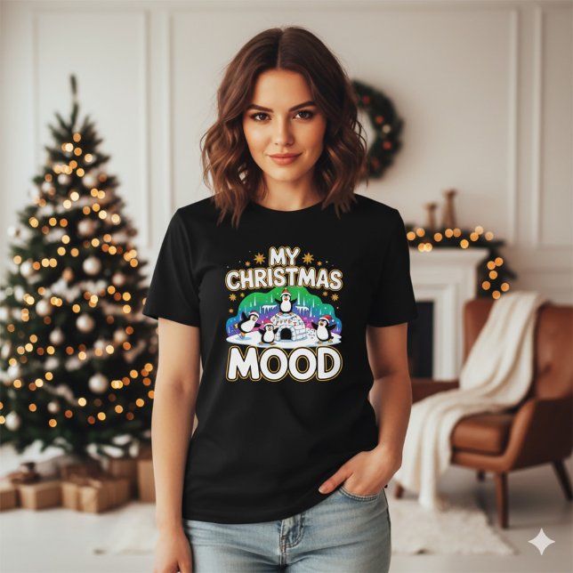 Camiseta Cheerful Black Festive Penguin Igloo Christmas (Criador carregado)
