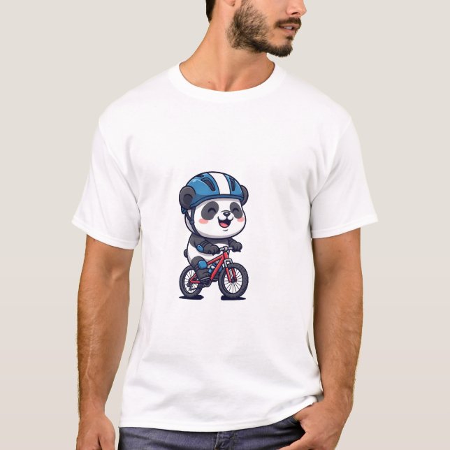 Camiseta Cheerful Panda Cyclist Riding a Red Mountain Bike (Frente)