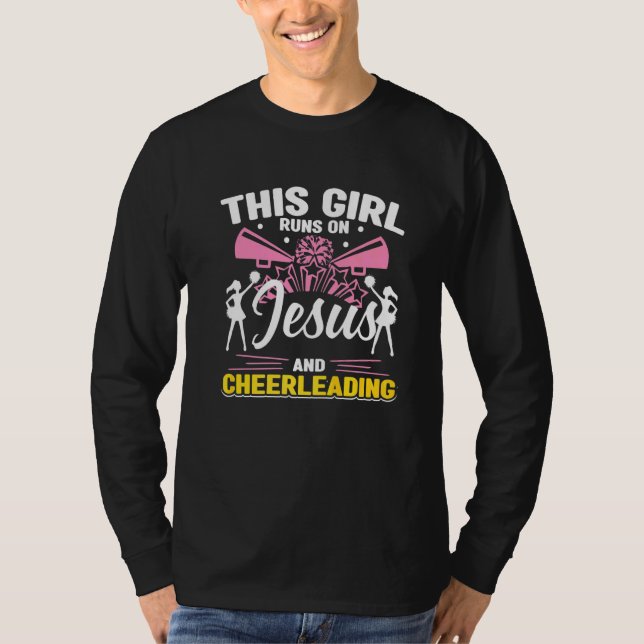 Camiseta Cheerleader Esta garota funciona com Jesus e Cheer (Frente)