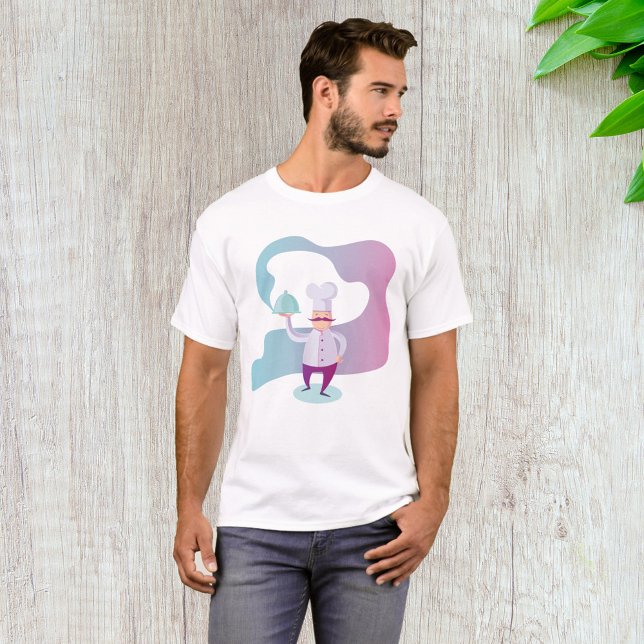 Camiseta Chef sorridente com bigode e bandeja de serviço (Criador carregado)