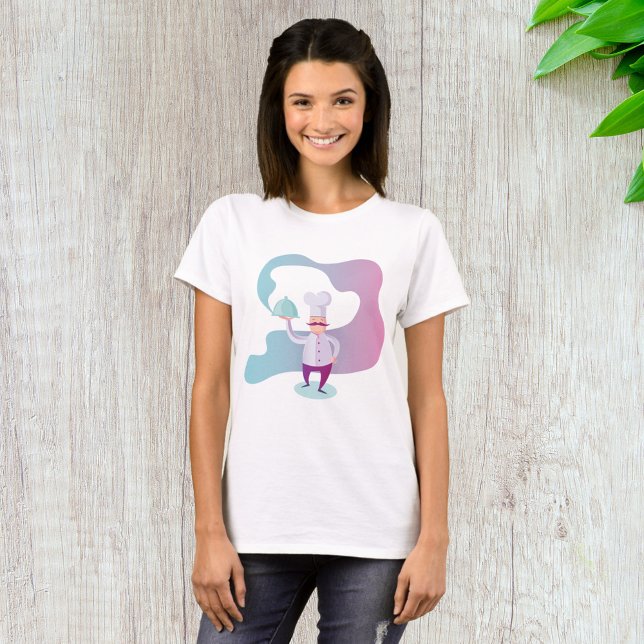 Camiseta Chef sorridente com bigode e bandeja de serviço (Criador carregado)