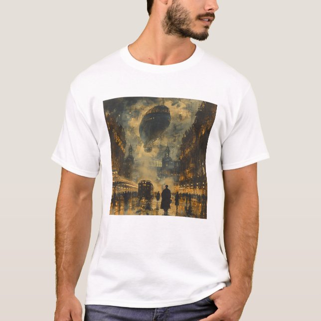 Camiseta Chegada à Noite - Cena da Rua Steampunk (Frente)