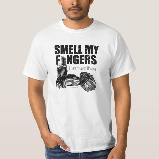 Camiseta Cheire meus dedos (o hóquei) (Frente)