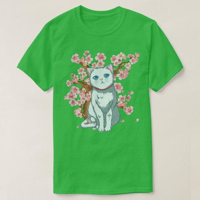 Camiseta Cherry Blossom - Art White Cat Japonês (Frente do Design)