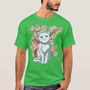 Camiseta Cherry Blossom - Art White Cat Japonês