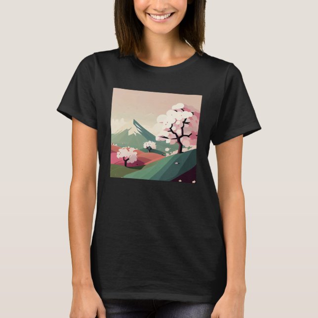 Camiseta Cherry Blossom árvores rosa colinas cor-de-rosa mo (Frente)
