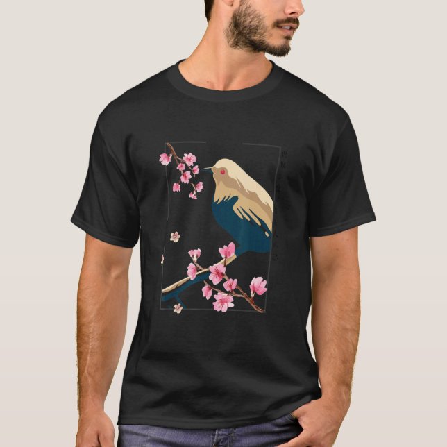 Camiseta Cherry Blossom Bird Vintage Japanese Block Streetw (Frente)