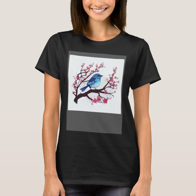 Camiseta Cherry Blossom Branch and Eastern Blue Bird for sp (Frente)