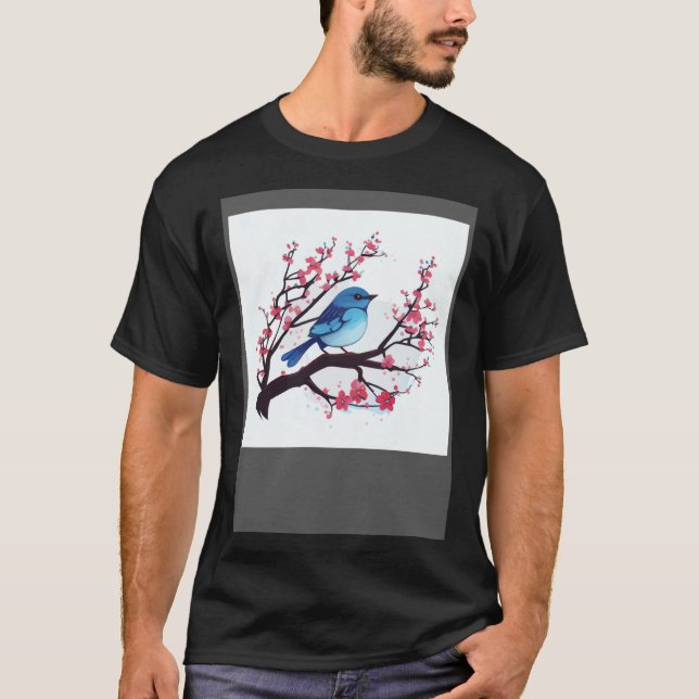 Camiseta Cherry Blossom Branch and Eastern Blue Bird for sp (Frente)