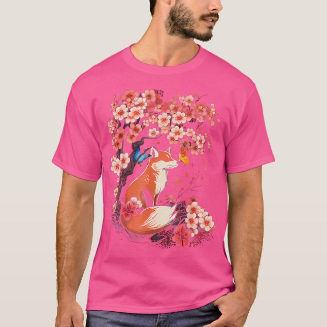 Camiseta Cherry Blossom Fllower Sakura Kawaii Fox Japonesa (Frente)