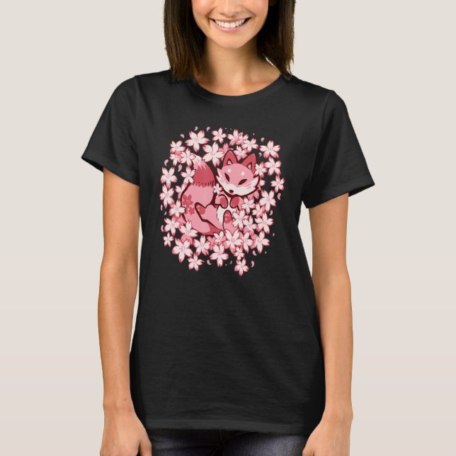 Camiseta Cherry Blossom Fox Cute Pink Fox (Frente)